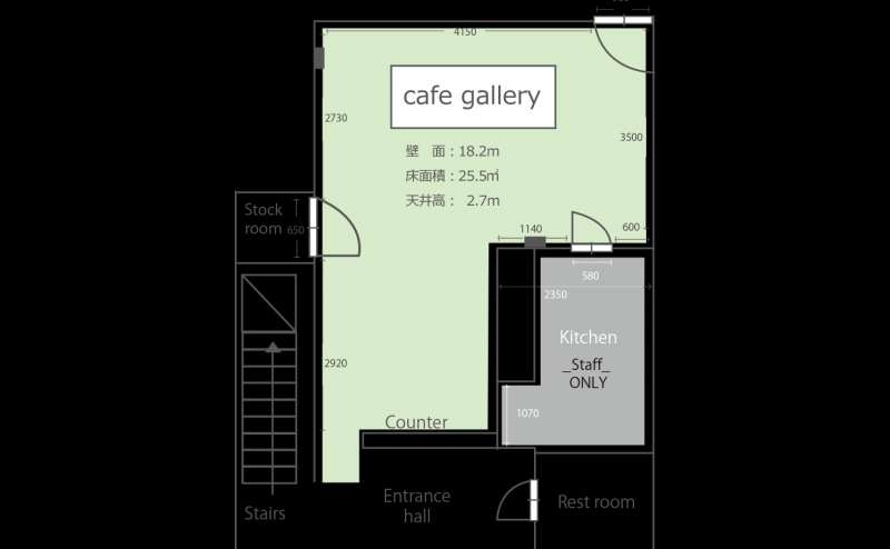 cafe galleryの見取り図です 向かって左側の階段からエキシビジョンルームにつながっています