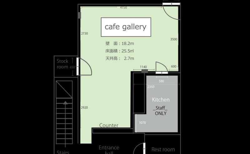 1階のカフェの見取り図です 左側の階段からエキシビジョンルームに入ることができます