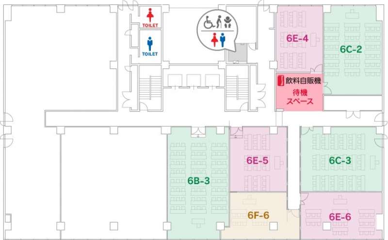 研修室6F-6は6階にございます。休憩スペースや自販機もあり落ち着ける環境です