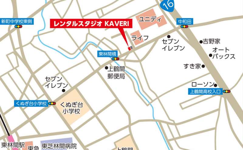 スタジオの地図です。小田急線 東林間 相模大野の他、町田からもアクセスしやすいです。